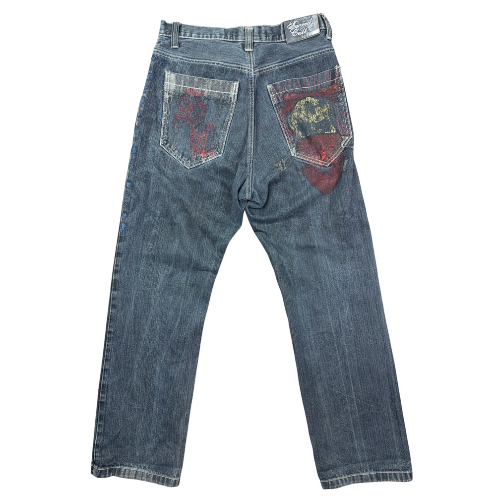 Sacred Cult Jeans Mens 32x32 Straight Graphic Skull Blue Streetwear 7th Y2K